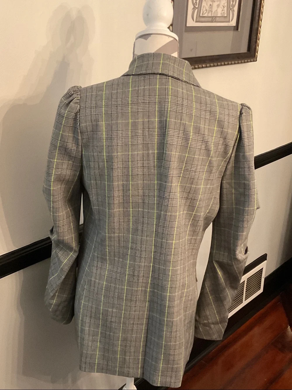 Bar III Gray Plaid Double-Breasted Blazer with Yellow Windowpane